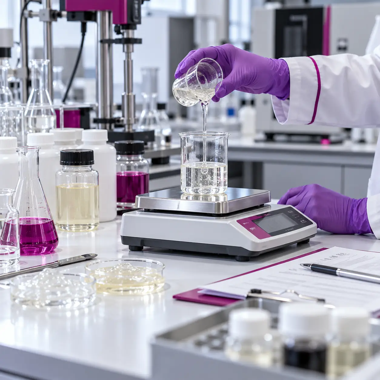 Chemist measuring a resin sample on a laboratory balance