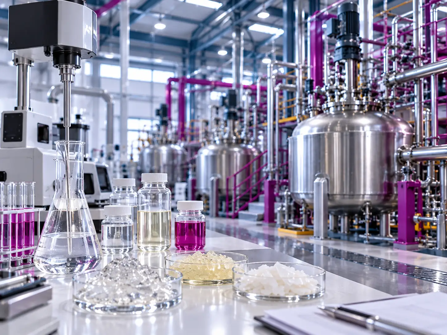 Resin samples and laboratory glassware beside production reactors